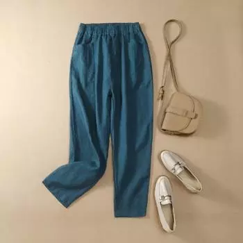 Хлопковые и льняные летние широкие брюки, винтажные повседневные брюки до щиколотки, женские однотонные эластичные брюки с высокой талией M