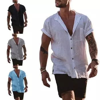 Хлопковые и льняные мужские рубашки с короткими рукавами, летние однотонные повседневные пляжные рубашки 2XL белый