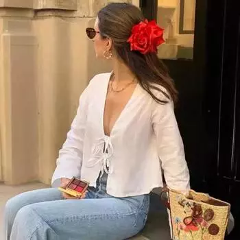 Хлопковые и льняные рубашки с бантом на шнуровке, женские свободные топы с v-образным вырезом и длинными рукавами, женские весенние новинки 2024 года, женский уличный топ S белый