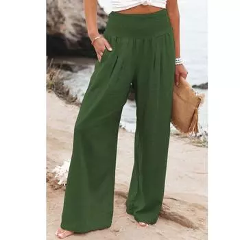 Хлопковые и льняные широкие брюки, повседневные длинные брюки, модные зеленые женские эластичные однотонные женские свободные брюки в стиле OL, 22683 S синий