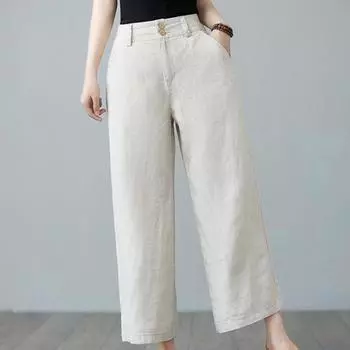Хлопковые и льняные широкие брюки, винтажные повседневные длинные брюки, женские однотонные белые, черные эластичные брюки с высокой талией M чёрный