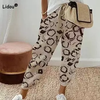 Хлопковые и льняные тонкие многоэлементные брюки с принтом на завязках, женские лоскутные повседневные брюки со средней талией и карманами свободного покроя S серый