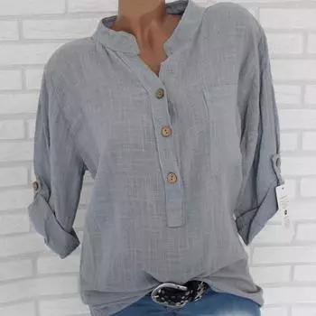Хлопковые и льняные женские блузки, однотонные белые, синие блузки с воротником-стойкой, весенне-осенние свободные рубашки, топы с карманами больших размеров S белый