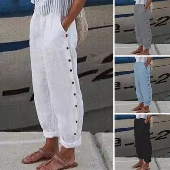 Хлопковые и льняные женские брюки, свободные модные, простые, женские повседневные прямые брюки 2XL чёрный