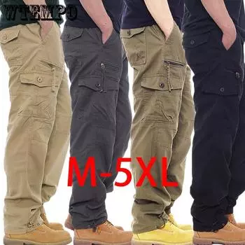 Хлопковые комбинезоны, мужские повседневные брюки, эластичный пояс, большие размеры, многокарманные свободные брюки, штаны для строительных площадок M чёрный