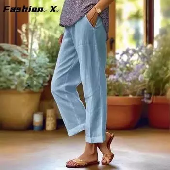 Хлопковые льняные брюки, женские свободные прямые брюки S белый
