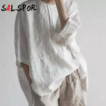 Хлопковые льняные футболки, женские однотонные повседневные футболки с круглым вырезом и половиной рукавов, повседневные футболки больших размеров