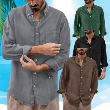 Хлопковые льняные рубашки для мужчин, летние пляжные рубашки, рубашки на пуговицах, воротник-стойка, свободные повседневные уличные топы с длинным рукавом S чёрный