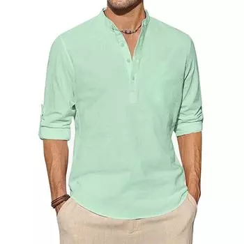 Хлопковые льняные рубашки для мужчин, повседневные рубашки, легкая футболка с длинными рукавами, однотонные топы с длинными рукавами, свернутые в рулон S чёрный