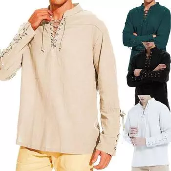 Хлопковые льняные рубашки для мужчин, средневековый костюм, пляжные топы, рубашка, свободная, повседневная, уличная, косплей, длинный рукав S хаки