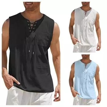 Хлопковые льняные рубашки, мужские повседневные безрукавные жилеты, бандажная блузка на шнуровке в стиле ретро, модная свободная рубашка с v-образным вырезом, мужская однотонная одежда S чёрный