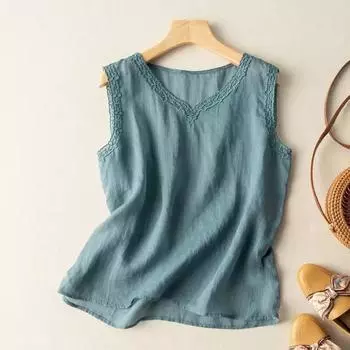 Хлопковые майки и майки, повседневная верхняя одежда, жилет, женский летний новый модный свободный топ без рукавов из хлопка и льна в стиле ретро, белый L чёрный