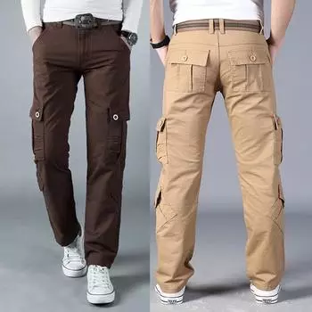 Хлопковые мужские брюки-карго с несколькими карманами, прямые брюки-карго, свободные повседневные уличные брюки, мужские рабочие брюки для походов, брюки 28 хаки