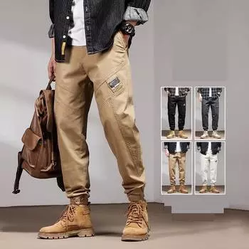 Хлопковые мужские джоггеры, мужские уличные брюки-карго, модные потертые винтажные повседневные брюки, брюки цвета хаки S бежевый