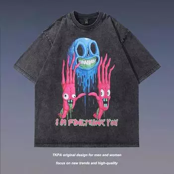 Хлопковые мужские футболки с круглым вырезом и принтом аниме, повседневные топы с короткими рукавами M чёрный