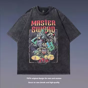 Хлопковые мужские футболки с круглым вырезом и принтом аниме, повседневные топы с короткими рукавами M чёрный