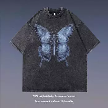 Хлопковые мужские футболки с круглым вырезом и принтом бабочки, повседневные топы с короткими рукавами M чёрный