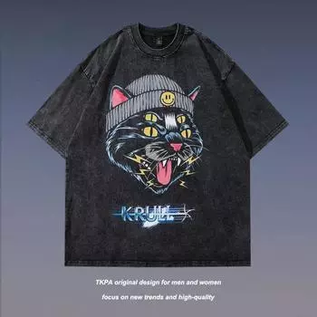 Хлопковые мужские футболки с круглым вырезом и принтом кошек, повседневные топы с короткими рукавами M чёрный