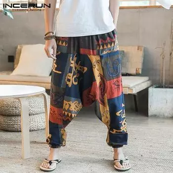 Хлопковые мужские свободные мешковатые длинные брюки с цветочным принтом, широкие японские повседневные винтажные брюки Hakama S красный