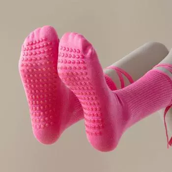 Хлопковые носки для йоги со шнуровкой, силиконовые носки средней длины с точками, модные носки для пилатеса, женские тренировки Barre чёрный