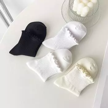 Хлопковые носки до щиколотки с оборками, женские летние милые кавайные корейские носки для девочек, весенние, черные, белые, средней трубки, японские носки белый