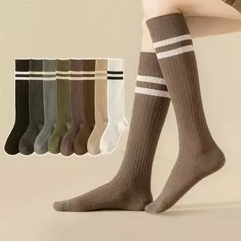 Хлопковые носки из телячьей кожи для женщин, средние носки, модные женские полосатые чулки в стиле колледжа one size чёрный