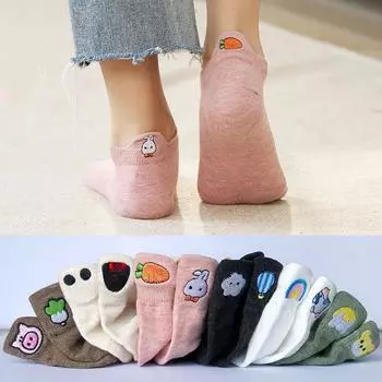Хлопковые носки-лодочки с героями мультфильмов, носки с кроликом и морковкой, милые женские носки с вышивкой 1 Pairs чёрный