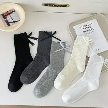 Хлопковые носки с бантом в стиле Лолиты, однотонные носки Balletcore Ribbon Bow Socks Sweet JK чёрный