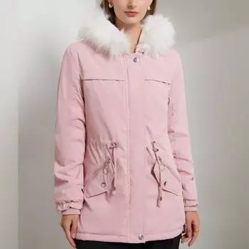 Хлопковые пальто с капюшоном, зимняя верхняя одежда, женская белая парка с меховым воротником, средней длины, с капюшоном, теплое флисовое однотонное пальто с длинным рукавом, повседневное шикарное пальто M розовый