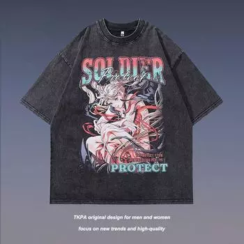 Хлопковые печатные мужские футболки с круглым вырезом в стиле аниме, повседневные топы с короткими рукавами M чёрный