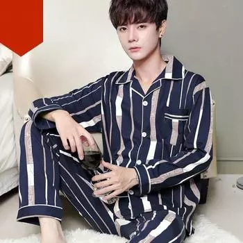 Хлопковые пижамы, мужские свободные кардиганы с длинными рукавами, повседневная домашняя одежда больших размеров M чёрный