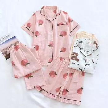 Хлопковые пижамы женские, комплект из 3 предметов, модные двухслойные марлевые шорты из чистого хлопка с принтом/длинные брюки, одежда для сна M светло-желтого