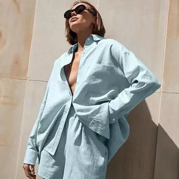 Хлопковые повседневные однотонные шорты, костюм-рубашка, женский однобортный топ, женский летний комплект, шикарный свободный мини-короткий комплект с длинными рукавами, женский S синий