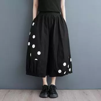 Хлопковые повседневные свободные брюки с высокой талией в горошек, весенне-летние широкие брюки, женские брюки чёрный