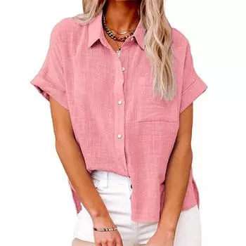 Хлопковые рубашки больших размеров, белые, розовые, синие, свободные блузки, однотонные, с карманом, отложным воротником, на пуговицах, летние женские рубашки, женские топы S
