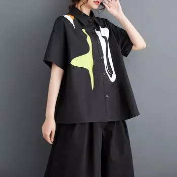 Хлопковые рубашки и блузки оверсайз с короткими рукавами для блузок, повседневные свободные летние топы, женская рубашка на пуговицах чёрный