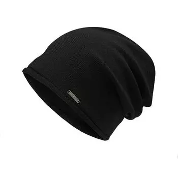 Хлопковые шапки-бини Skullies для женщин с загнутыми полями, металлической этикеткой, вязаная шапка, модная кепка-куча, теплая толстая холодная шапка для осени и зимы чёрный