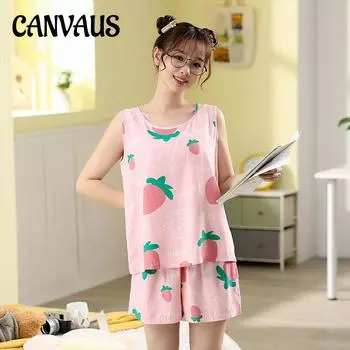 Хлопковые шелковые пижамы, комплекты из двух предметов, женский летний жилет, короткие шорты без рукавов, повседневные удобные милые большие размеры XXXL