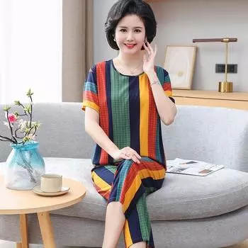 Хлопковые шелковые пижамы женские летние тонкие с короткими рукавами костюм-двойка для матери среднего возраста для отдыха свободная хлопковая шелковая женская домашняя одежда 4XL коричневый