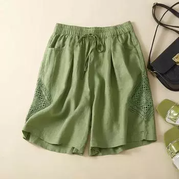 Хлопковые шорты женские летние ретро полые хлопковые брюки кружевные повседневные брюки свободные прямые шорты M жёлтый