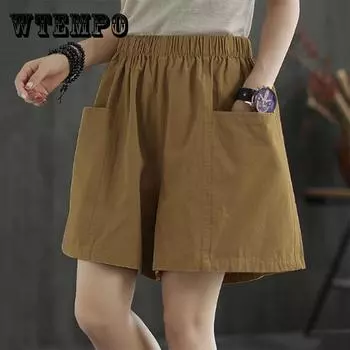 Хлопковые шорты женские, свободные, с высокой талией, широкие, летние, прямые, повседневные, крутые, удобные, с эластичной резинкой на талии, с большим карманом, чистый цвет, простота M дубильная кора
