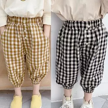 Хлопковые штаны для маленьких девочек и мальчиков, повседневные штаны для девочек с решетчатыми карманами, детские свободные штаны 100