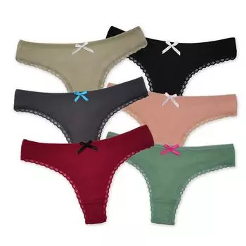 Хлопковые стринги, сексуальные кружевные трусы-стринги, однотонное женское нижнее белье, трусики для девочек, дамы, 6 шт./лот M