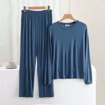 Хлопковые свободные мужские брюки с длинными рукавами и широкими штанинами, повседневный комплект домашней одежды на весну и лето, тонкая пижама, комплект из двух предметов 3XL