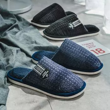Хлопковые тапочки для мужчин весна и осень зима домашние с внутренним нескользящим покрытием для дома зимние теплые для пары пушистые женские 40-41 чёрный