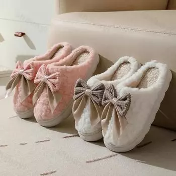 Хлопковые тапочки для женщин, новинка 2025 года, осень-зима, толстая подошва, теплая домашняя обувь, бант, нескользящие женские тапочки на плоской платформе 36-37 белый