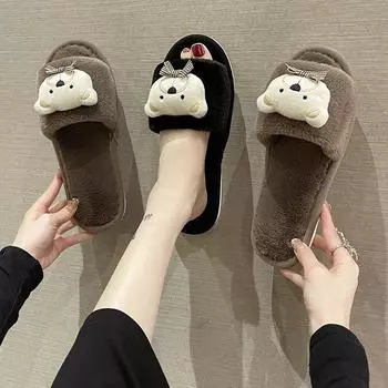 Хлопковые тапочки, мохнатые тапочки, женские домашние тапочки, осенне-зимние короткие плюшевые тапочки с плоской подошвой для дома, нескользящие тапочки 40/41 чёрный