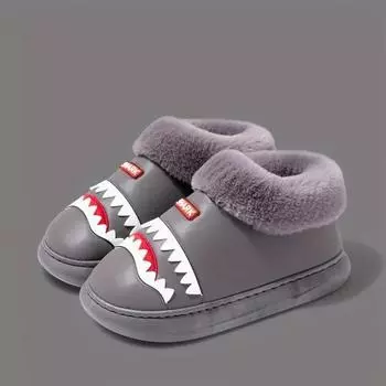 Хлопковые тапочки мужские акульи зимние забавные домашние тапочки с толстой подошвой теплые нескользящие студенческие тапочки для общежития мужские чёрный