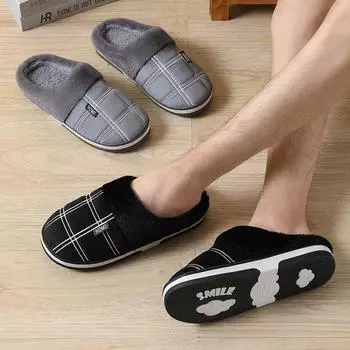 Хлопковые тапочки Мужские зимние хлопковые тапочки большого размера Теплые шерстяные тапочки Плюшевые тапочки на толстой подошве 50-51 чёрный