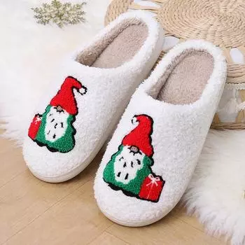 Хлопковые тапочки пушистые полотенца вышитые зимние бархатные рождественские гном домашние нескользящие 36/37 белый